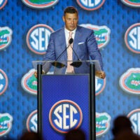 Jul 22, 2026; Tampa, FL, USA; Florida Gators head coach Jon Sumrall speaks to the press during SEC Football Kickoff Media Day at the Tampa Marriott.