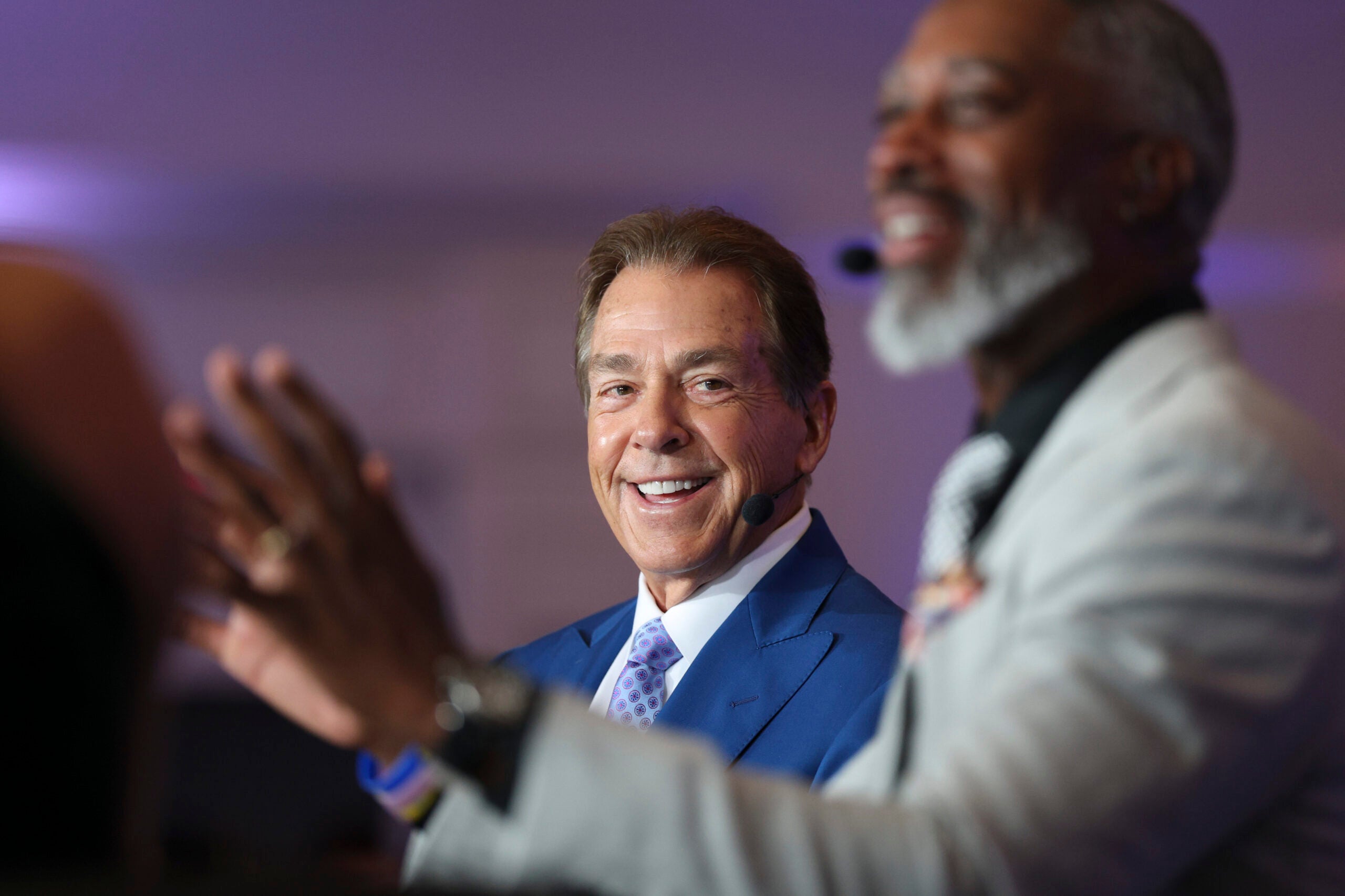 Jul 22, 2026; Tampa, FL, USA; former Alabama Crimson Tide coach and ESPN analyst for College GameDay Nick Saban broadcast during SEC Football Kickoff Media Day at the Tampa Marriott.