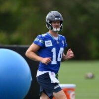 Jul 25, 2026; Renton, WA, USA; Seattle Seahawks quarterback Sam Darnold (14) during training camp at Virginia Mason Athletic Center.