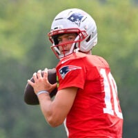 Jul 28, 2026; Foxborough, MA, USA; New England Patriots quarterback Drake Maye (10) throws a pass during training camp at Gillette Stadium.