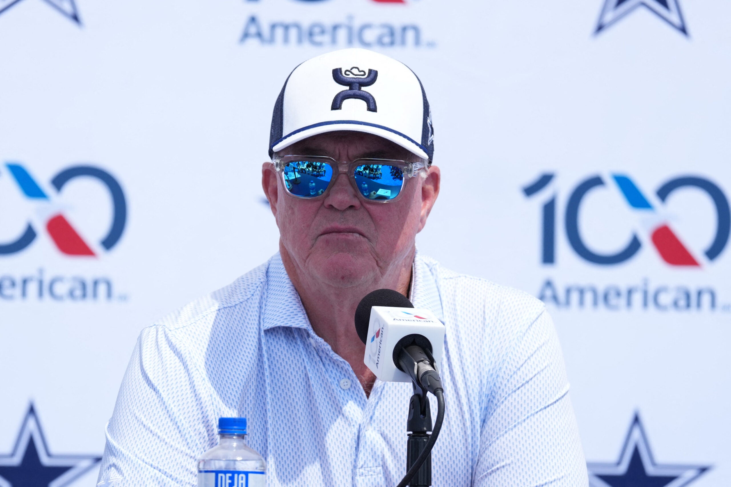 Jul 28, 2026; Oxnard, CA, USA; Dallas Cowboys executive vice president Stephen Jones at training camp opening press conference at River Ridge Playing Fields.