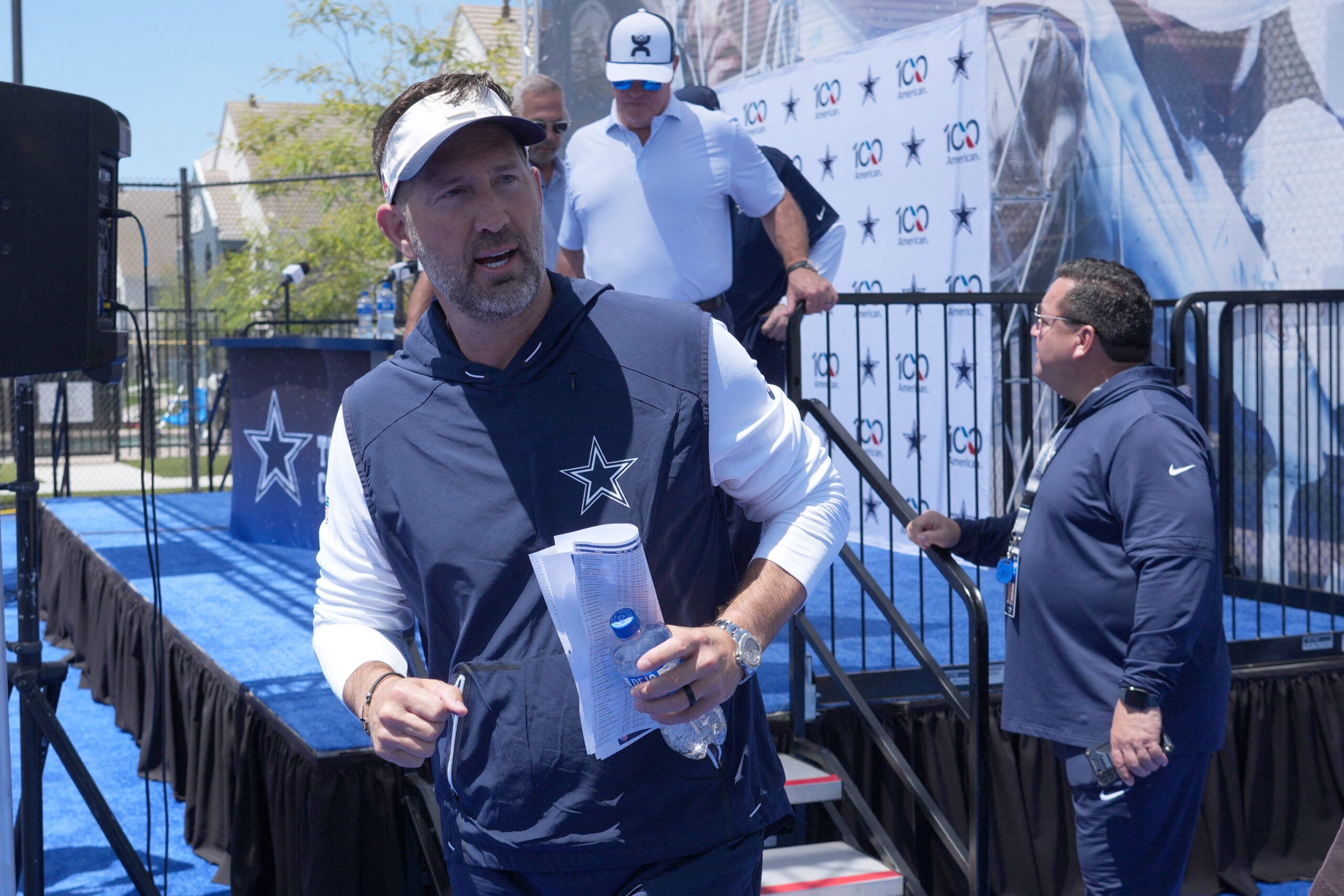 Jul 28, 2026; Oxnard, CA, USA; Dallas Cowboys coach Brian Schottenheimer at training camp opening press conference at River Ridge Playing Fields.