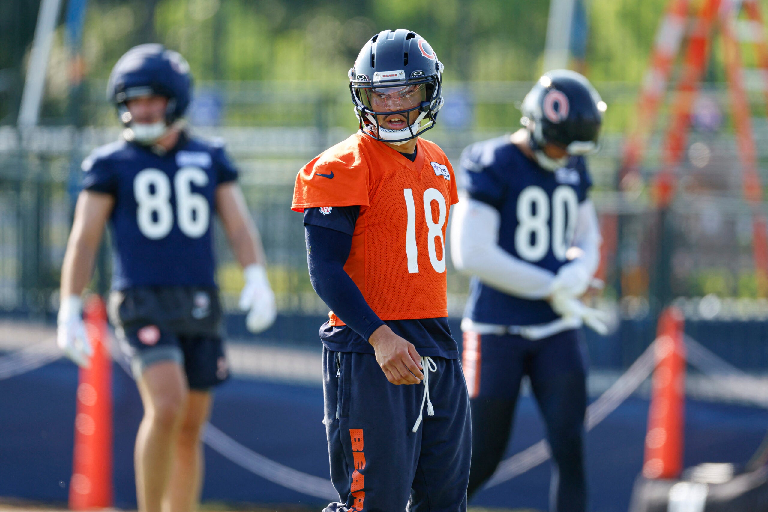 Jul 29, 2026; Lake Forest, IL, USA; Chicago Bears quarterback Caleb Williams (18) looks on during Training Camp at Halas Hall.