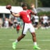 Jul 29, 2026; Philadelphia, PA, USA; Philadelphia Eagles quarterback Jalen Hurts (1) passes the ball during training camp at Jefferson Health Training Complex.