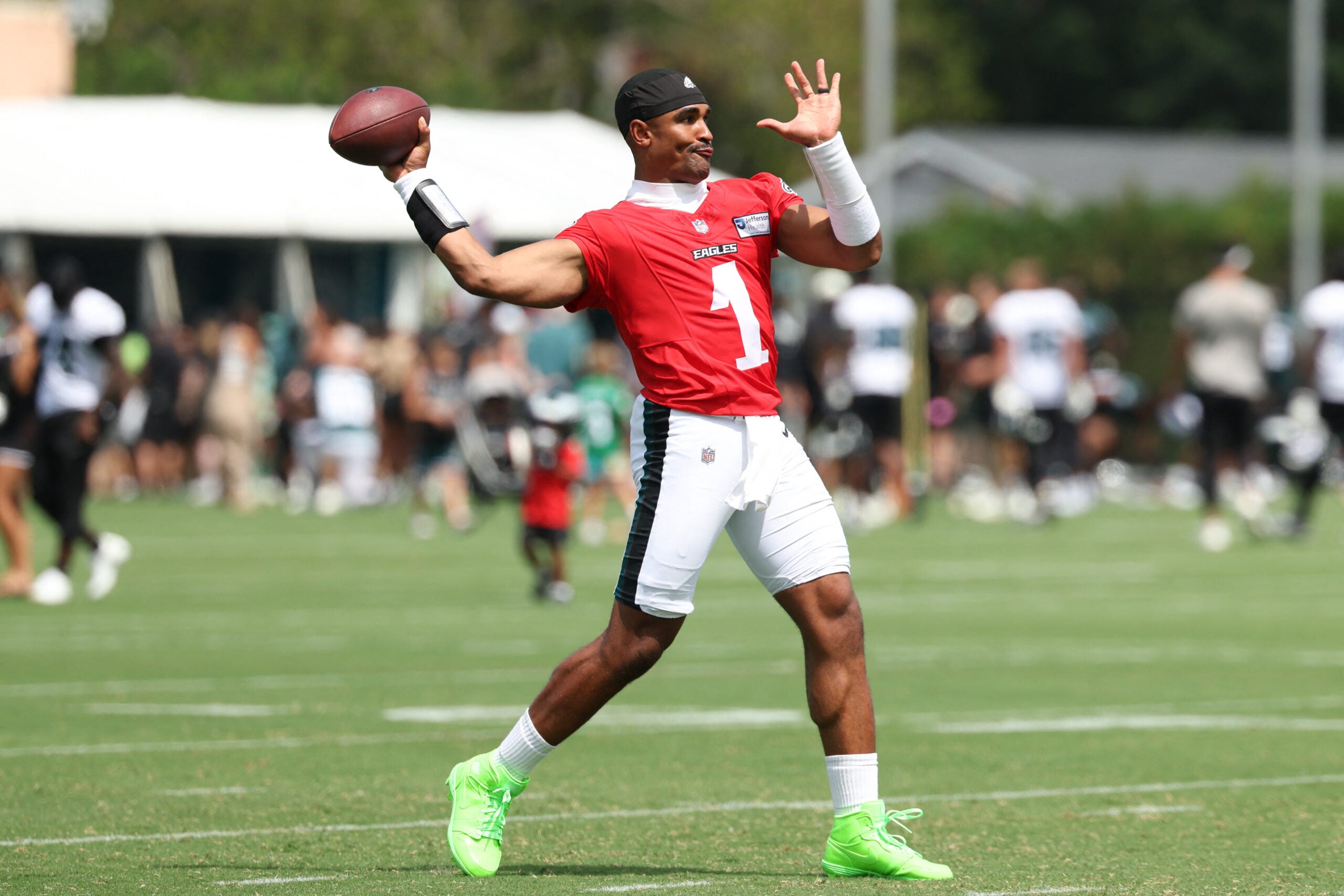 Jul 29, 2026; Philadelphia, PA, USA; Philadelphia Eagles quarterback Jalen Hurts (1) passes the ball during training camp at Jefferson Health Training Complex.