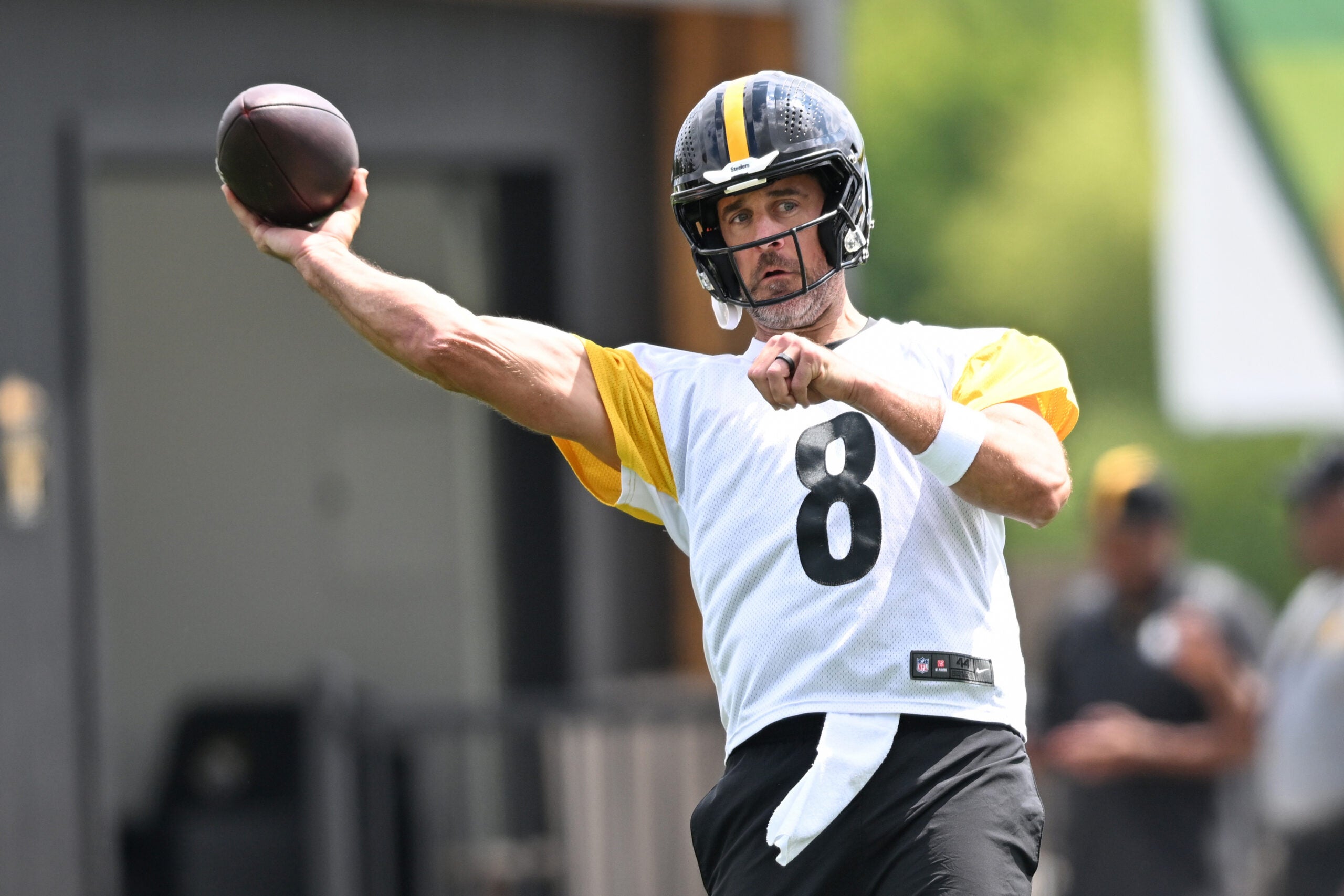 Jul 29, 2026; Latrobe, PA, USA; Pittsburgh Steelers quarterback Aaron Rodgers (8) throws a pass during a practice session at Saint Vincent College.
