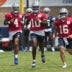 Jul 29, 2026; Oxnard, CA, USA; Dallas Cowboys quarterbacks Dak Prescott (4), Joe Milton (10) and Sam Howell (16) run at training camp at River Ridge Playing Fields.