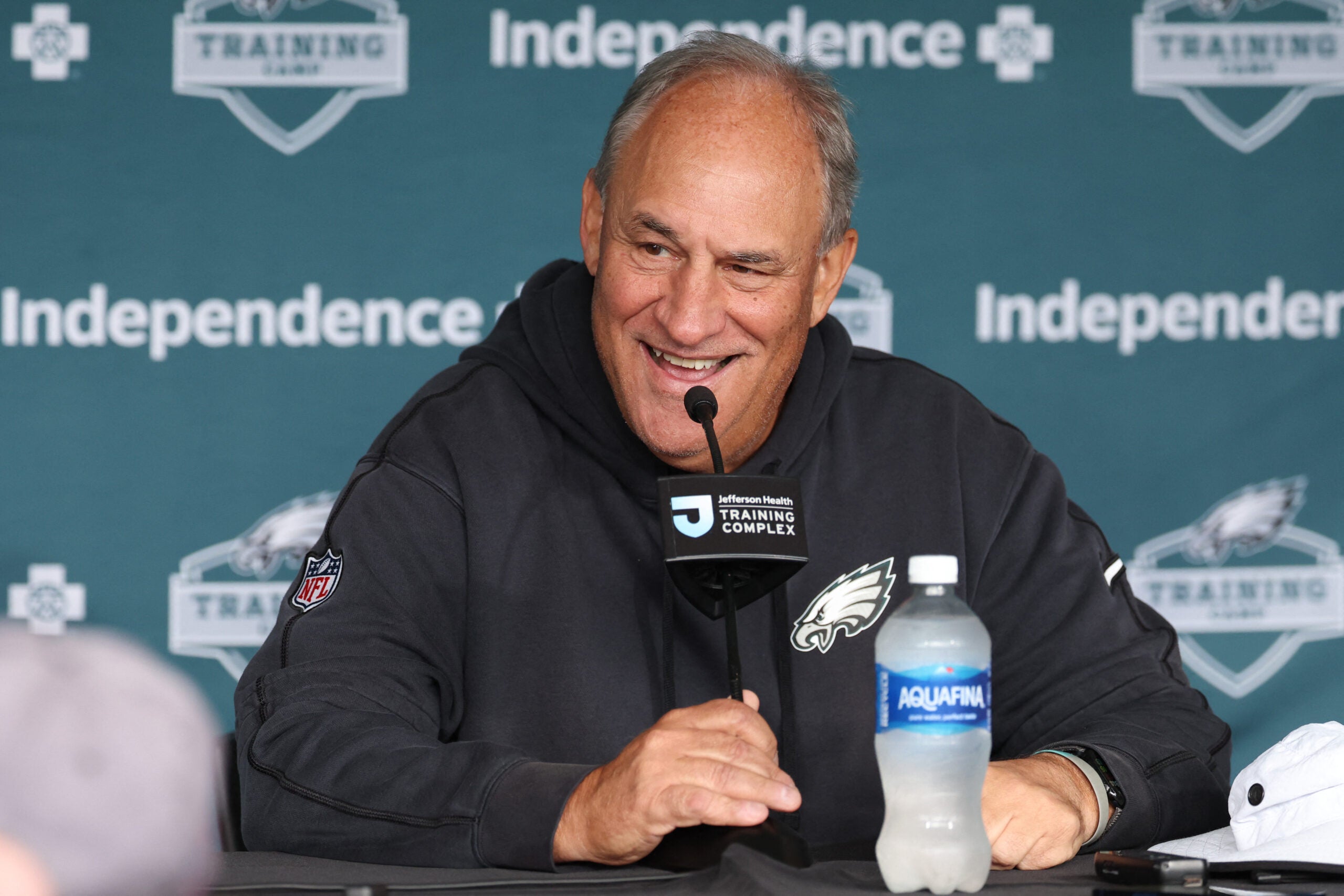 Jul 30, 2026; Philadelphia, PA, USA; Philadelphia Eagles defensive coordinator Vic Fangio speaks with the media during training camp at Jefferson Health Training Complex.