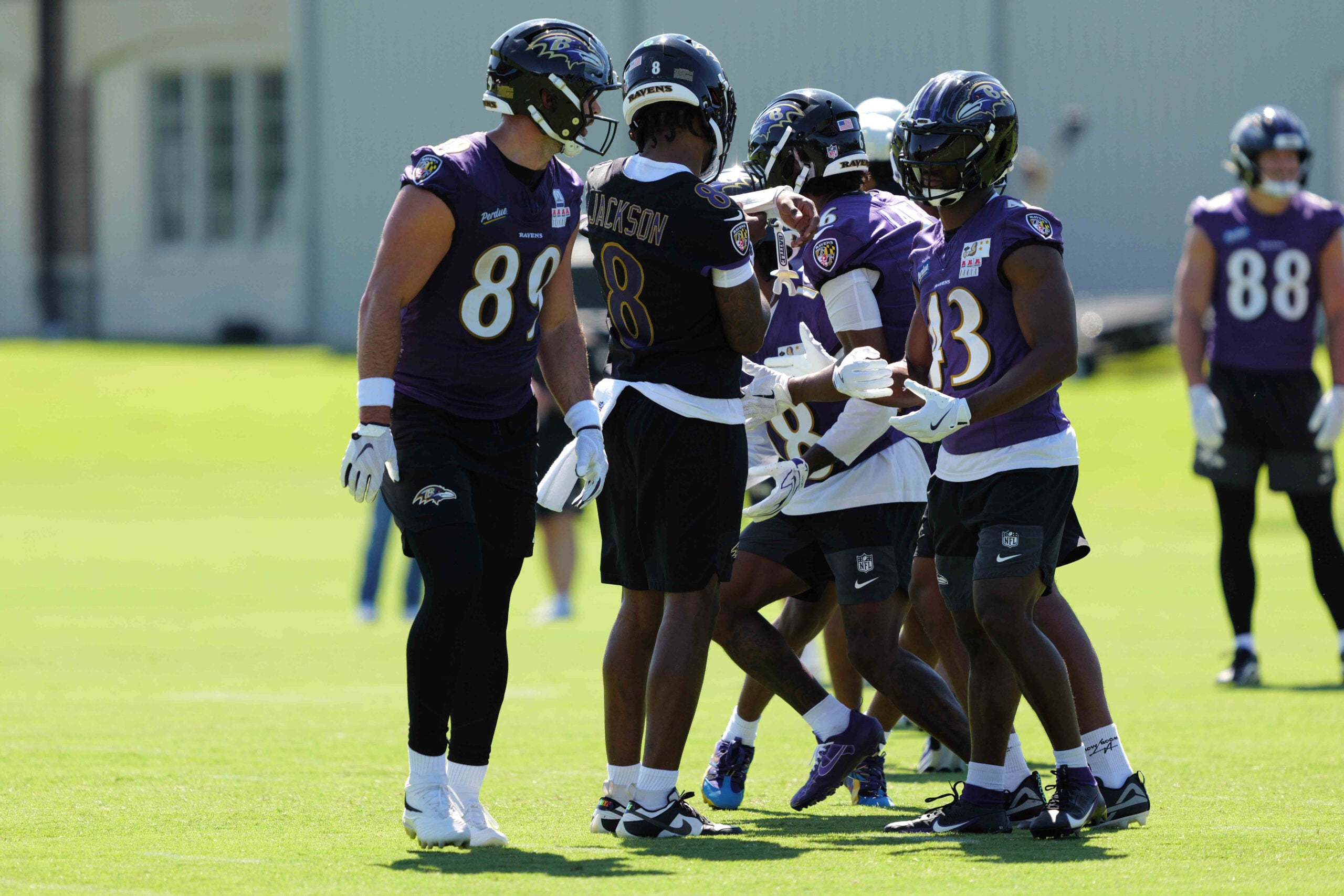 Jul 30, 2026; Owings Mills, MD, USA; Baltimore Ravens quarterback Lamar Jackson (8) calls plays during practice at Under Armour Peformance Center.