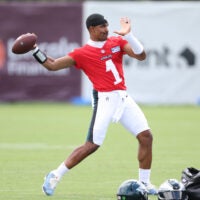 Jul 30, 2026; Philadelphia, PA, USA; Philadelphia Eagles quarterback Jalen Hurts (1) throws a ball during training camp at Jefferson Health Training Complex.