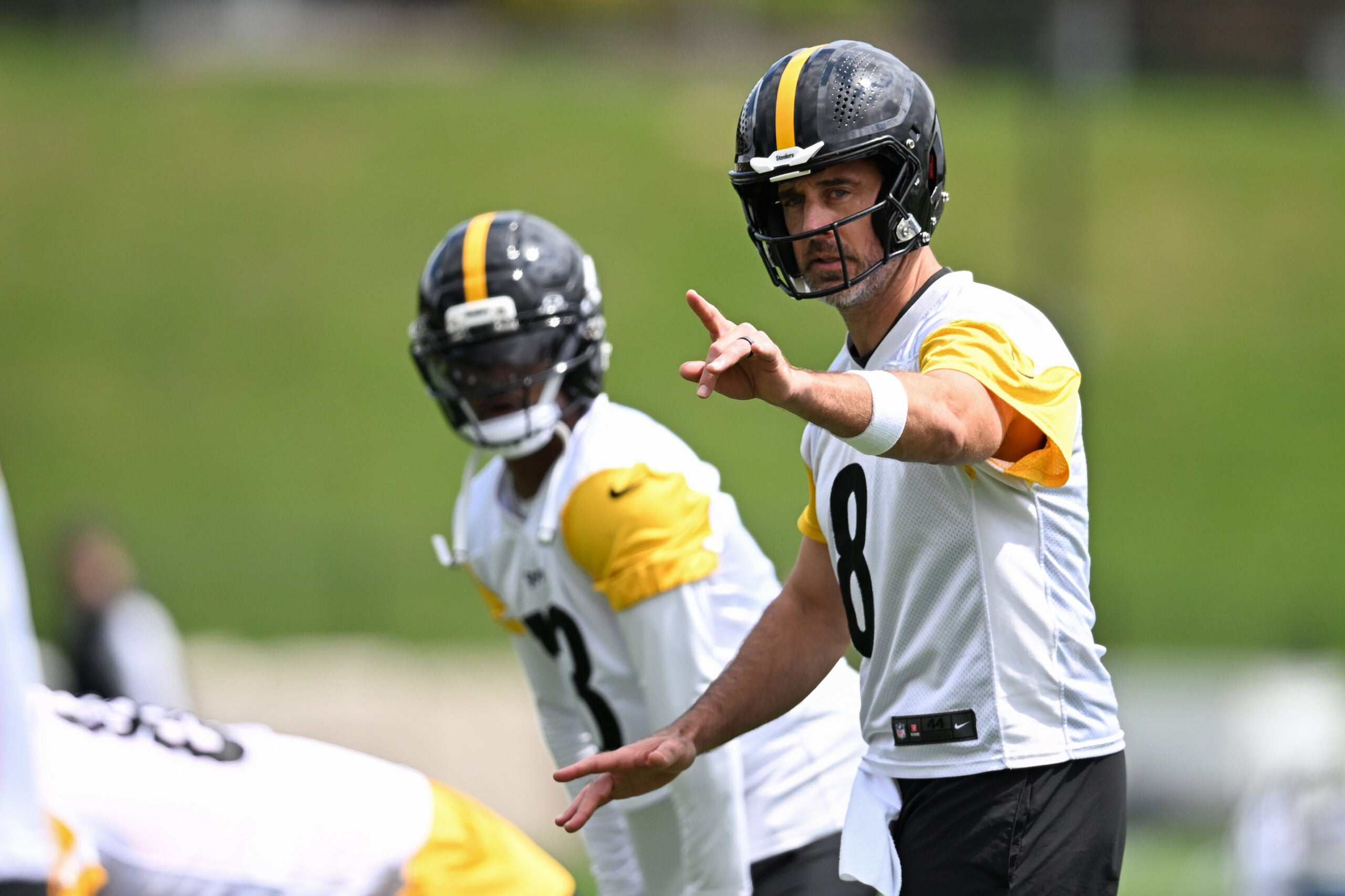 Jul 29, 2026; Latrobe, PA, USA; Pittsburgh Steelers quarterback Aaron Rodgers (8) participates in a practice session at training camp at Saint Vincent College.