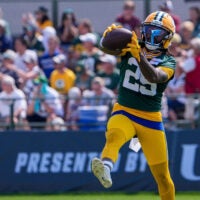 Green Bay Packers cornerback Keisean Nixon (25) runs through a drill during the second day of training camp Thursday, July 30, 2026, at the Don Hutson Center in Ashwaubenon, Wisconsin.