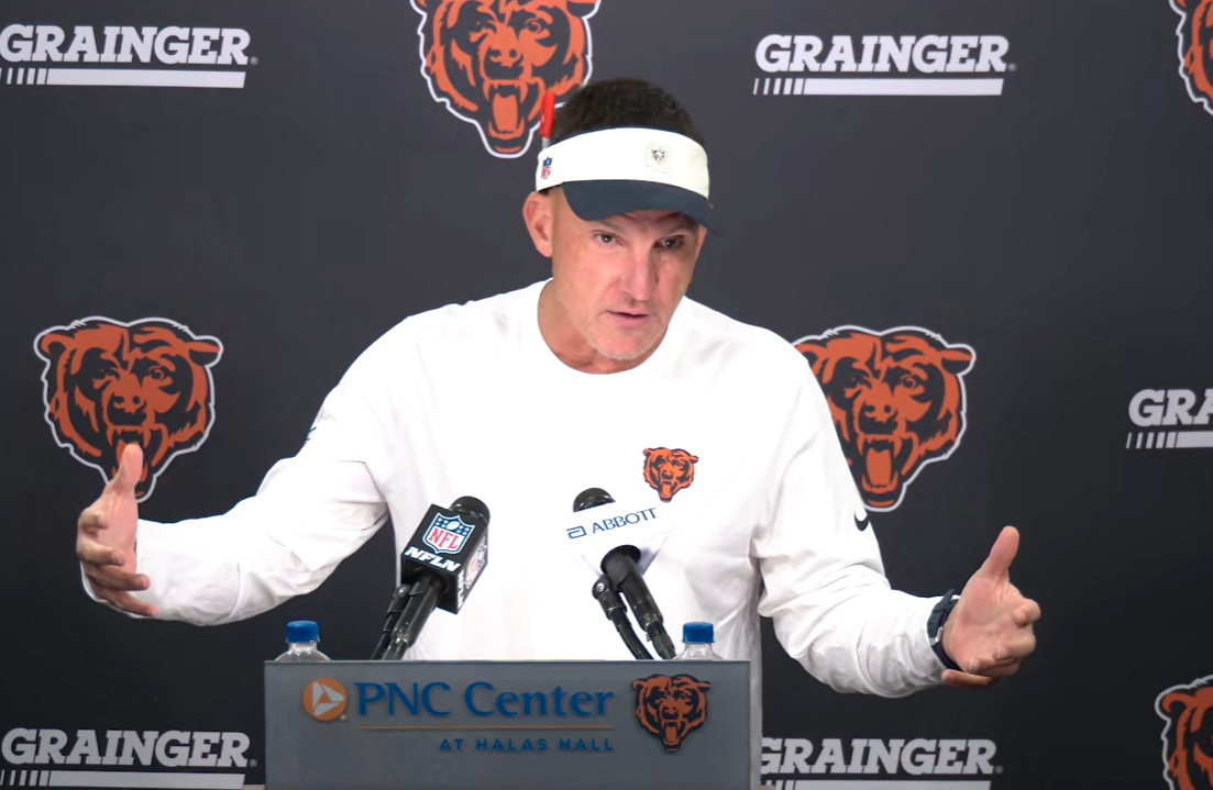 Chicago Bears defensive coordinator Dennis Allen speaks with reporters ahead of the first training camp practice.