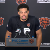 Chicago Bears quarterback Caleb Williams speaks with reporters after the first day of training camp.