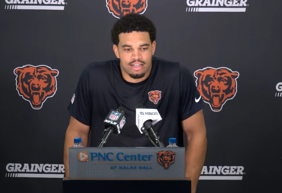 Chicago Bears quarterback Caleb Williams speaks with reporters after the first day of training camp.