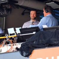 Sep 10, 2017; Nashville, TN, USA; NFL former quarterback Tony Romo in the booth during the Tennessee Titans game against the Oakland Raiders at Nissan Stadium.