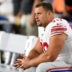 Aug 29, 2019; Foxborough, MA, USA; New York Giants offensive guard Kevin Zeitler (70) watches the game during the second half against the New England Patriots at Gillette Stadium.