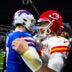 Jan 21, 2024; Orchard Park, New York, USA; Kansas City Chiefs quarterback Patrick Mahomes (15) greets Buffalo Bills quarterback Josh Allen (17) following the 2024 AFC divisional round game at Highmark Stadium.