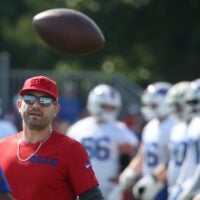Bills defensive coordinator Bobby Babich keeps an eye on drills during day three of the Buffalo Bills training camp at St. John Fisher University in Pittsford, Friday, July 26, 2024.