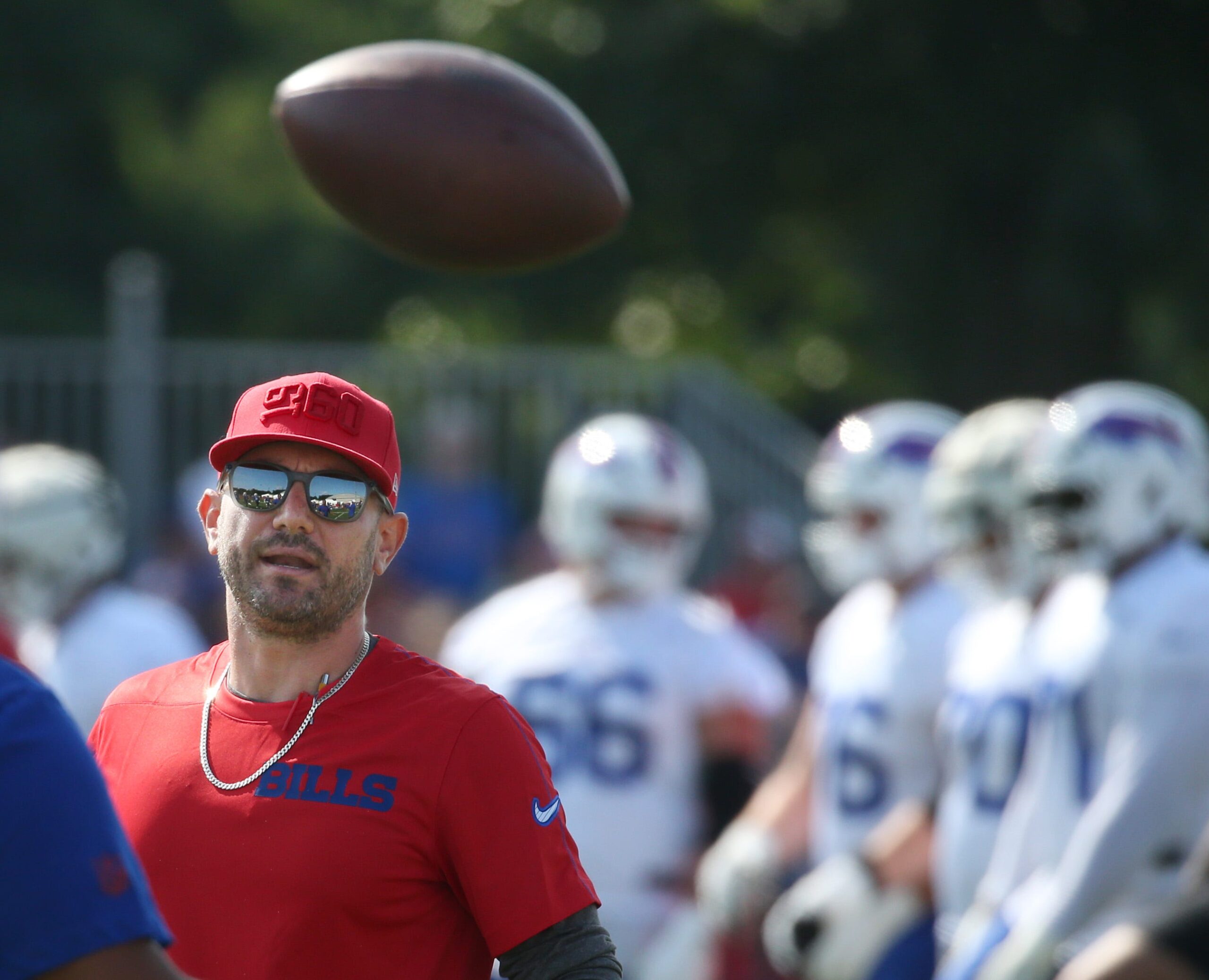 Bills defensive coordinator Bobby Babich keeps an eye on drills during day three of the Buffalo Bills training camp at St. John Fisher University in Pittsford, Friday, July 26, 2024.