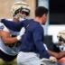 Notre Dame offensive lineman Charles Jagusah (56) participates in a drill during a Notre Dame football practice at Irish Athletic Center on Thursday, Aug. 1, 2024, in South Bend.