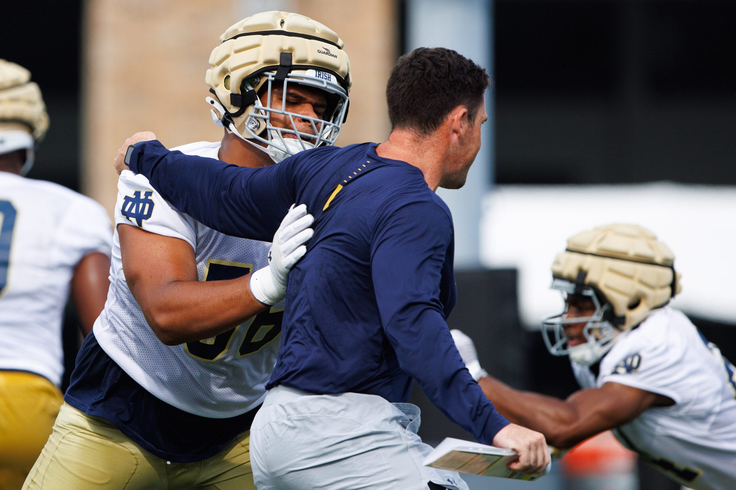 Notre Dame offensive lineman Charles Jagusah (56) participates in a drill during a Notre Dame football practice at Irish Athletic Center on Thursday, Aug. 1, 2024, in South Bend.