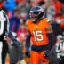 Nov 17, 2024; Denver, Colorado, USA; Denver Broncos linebacker Nik Bonitto (15) celebrates his sack in the second half against the Atlanta Falcons at Empower Field at Mile High.