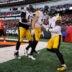 Dec 1, 2024; Cincinnati, Ohio, USA; Pittsburgh Steelers linebacker Payton Wilson (center) celebrates his defensive touchdown with defensive tackle Cameron Heyward (97) and linebacker Patrick Queen (6) during the fourth quarter against the Cincinnati Bengals at Paycor Stadium.