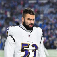 Jan 19, 2025; Orchard Park, New York, USA; Baltimore Ravens linebacker Kyle Van Noy (53) looks on during the first quarter against the Buffalo Bills in a 2025 AFC divisional round game at Highmark Stadium.