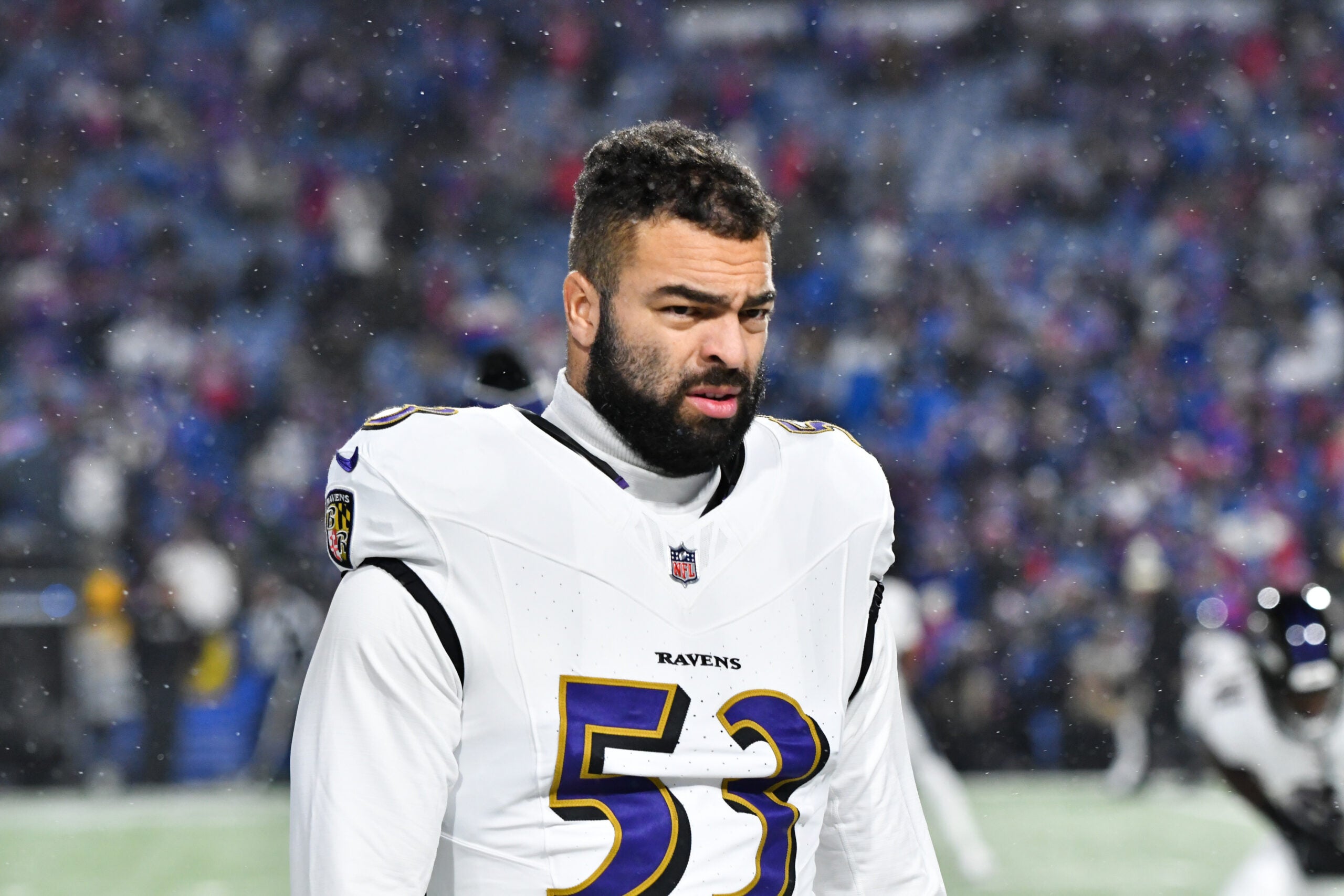 Jan 19, 2025; Orchard Park, New York, USA; Baltimore Ravens linebacker Kyle Van Noy (53) looks on during the first quarter against the Buffalo Bills in a 2025 AFC divisional round game at Highmark Stadium.