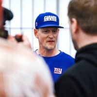 Jun 18, 2025; East Rutherford, NJ, USA; New York Giants outside linebackers coach Charlie Bullen speaks at a press conference during minicamp at Quest Diagnostics Training Center.