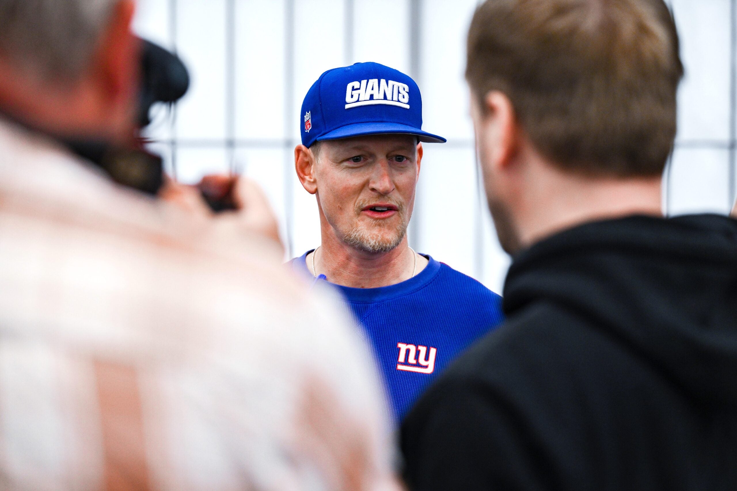 Jun 18, 2025; East Rutherford, NJ, USA; New York Giants outside linebackers coach Charlie Bullen speaks at a press conference during minicamp at Quest Diagnostics Training Center.