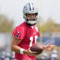 Jul 22, 2025; Oxnard, CA, USA; Dallas Cowboys quarterback Will Grier (15) during training camp at the River Ridge Fields.