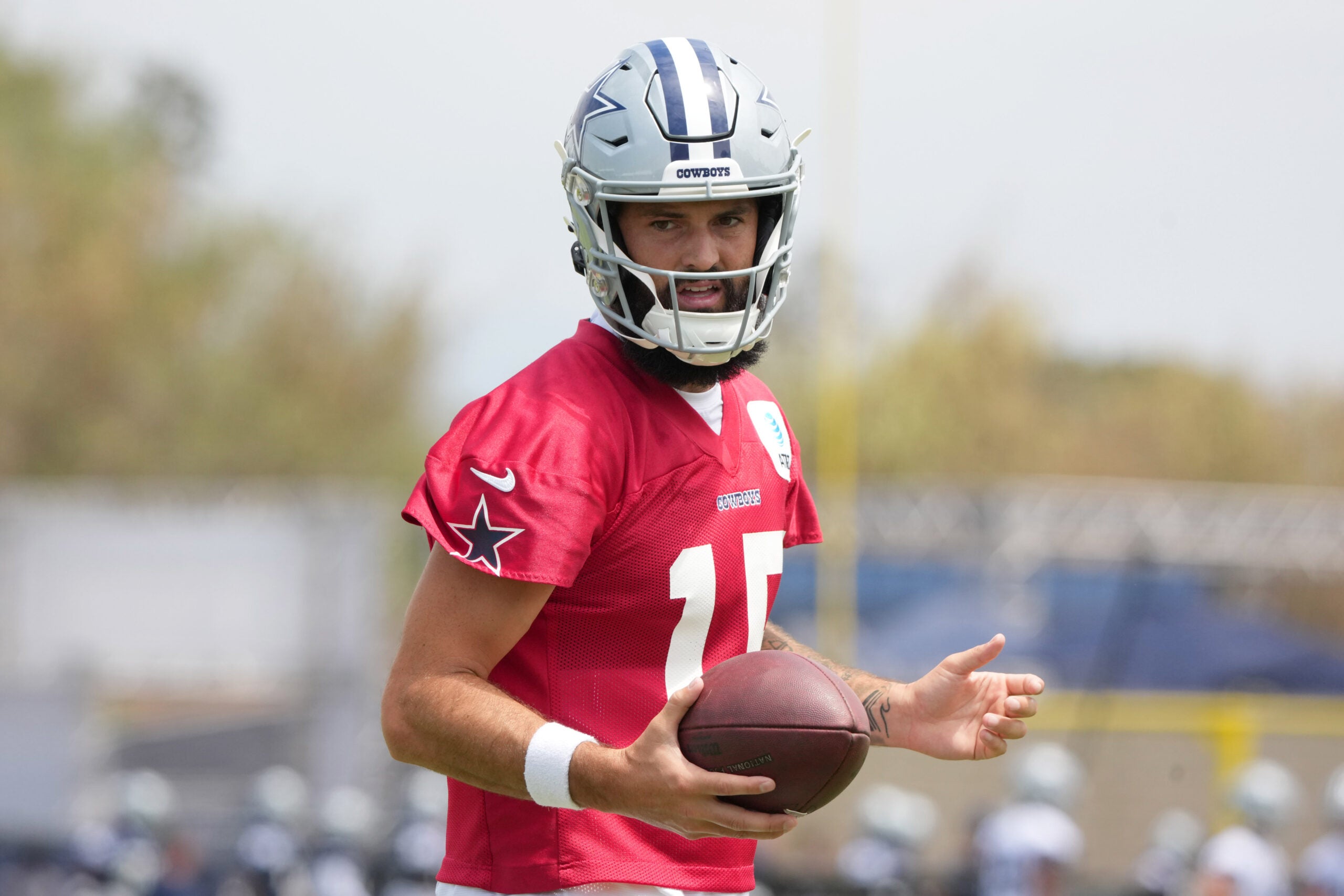 Jul 22, 2025; Oxnard, CA, USA; Dallas Cowboys quarterback Will Grier (15) during training camp at the River Ridge Fields.