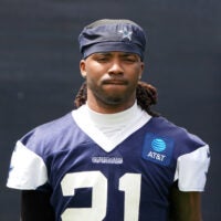 Jul 22, 2025; Oxnard, CA, USA; Dallas Cowboys cornerback Caelen Carson (21) during training camp at the River Ridge Fields.