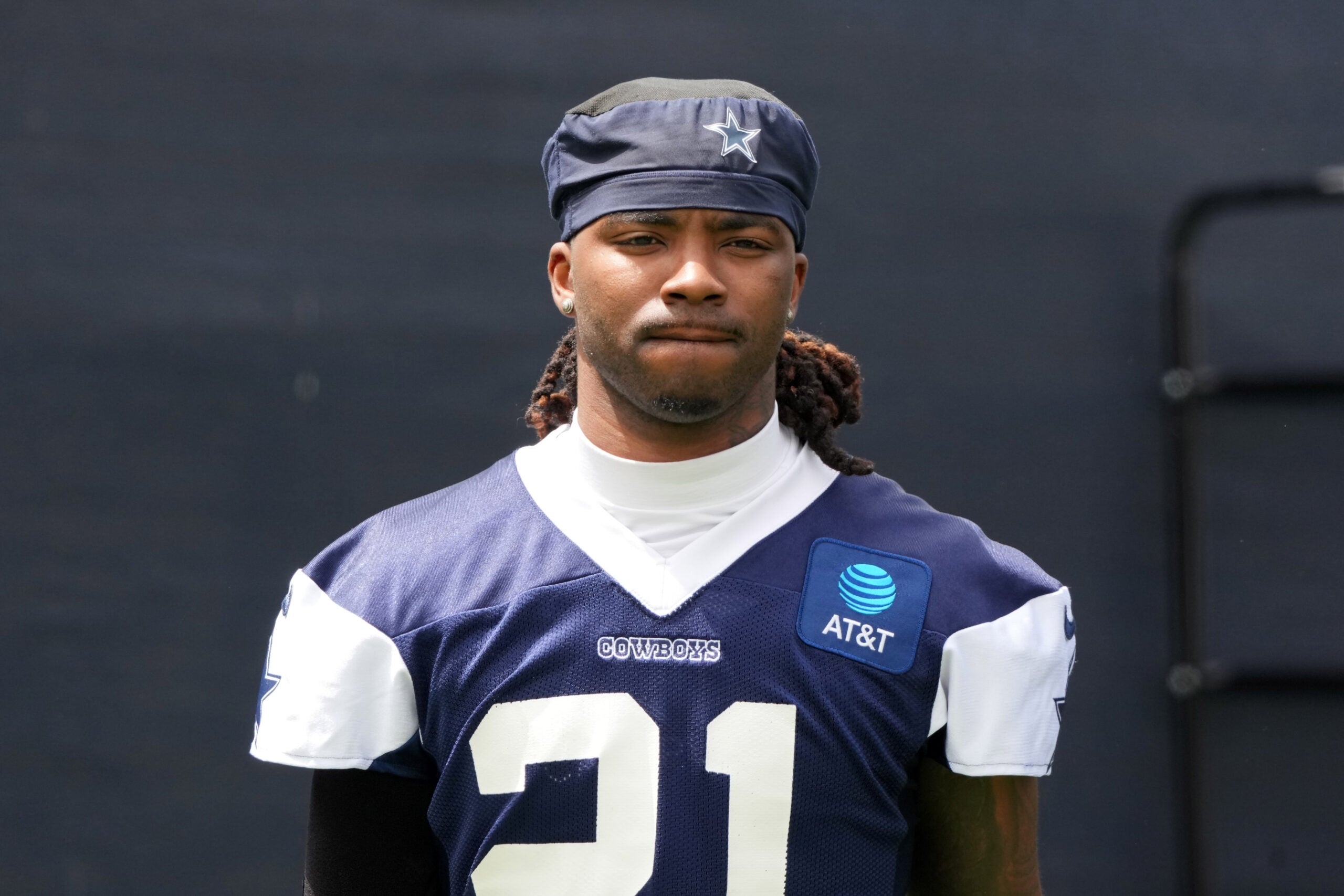 Jul 22, 2025; Oxnard, CA, USA; Dallas Cowboys cornerback Caelen Carson (21) during training camp at the River Ridge Fields.