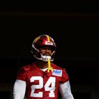 Jul 23, 2025; Ashburn, VA, USA; Washington Commanders outside linebacker Von Miller (24) walks out of team headquarters onto the fields prior to practice on day one of training camp at OrthoVirginia Training Center at Commanders Park.
