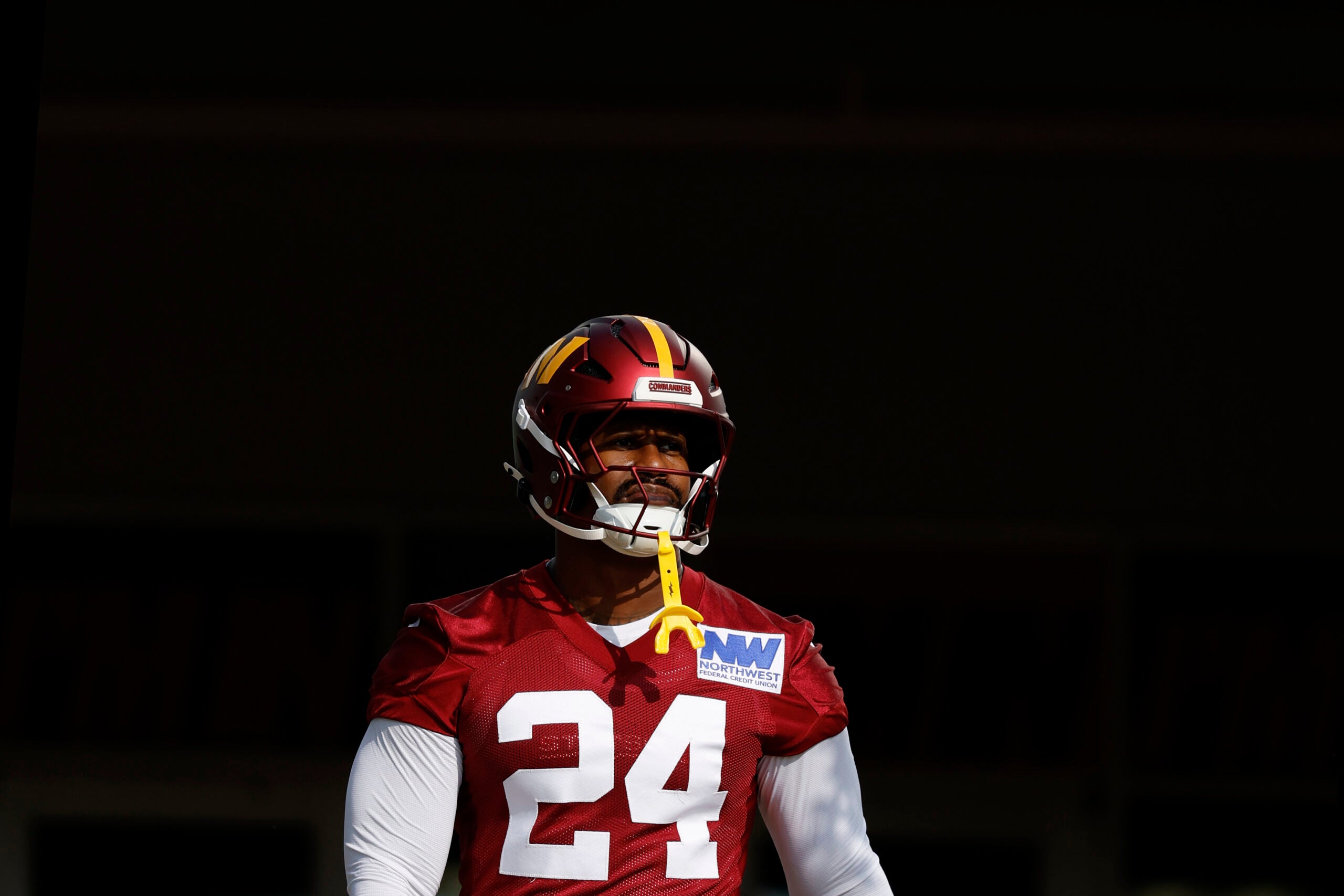 Jul 23, 2025; Ashburn, VA, USA; Washington Commanders outside linebacker Von Miller (24) walks out of team headquarters onto the fields prior to practice on day one of training camp at OrthoVirginia Training Center at Commanders Park.
