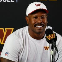 Jul 24, 2025; Ashburn, VA, USA; Washington Commanders outside linebacker Von Miller (24) speaks with the media after practice on day two of training camp at OrthoVirginia Training Center at Commanders Park.