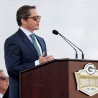 Green Bay Packers president and CEO Ed Policy speaks during the Green Bay Packers annual shareholders meeting on July 25, 2025, at Lambeau Field in Green Bay, Wis.