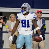 Aug 16, 2025; Arlington, Texas, USA; Dallas Cowboys wide receiver Jonathan Mingo (81) celebrates after he catches a pass for a first down against the Baltimore Ravens during the second half at AT&T Stadium.