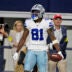 Aug 16, 2025; Arlington, Texas, USA; Dallas Cowboys wide receiver Jonathan Mingo (81) celebrates after he catches a pass for a first down against the Baltimore Ravens during the second half at AT&T Stadium.