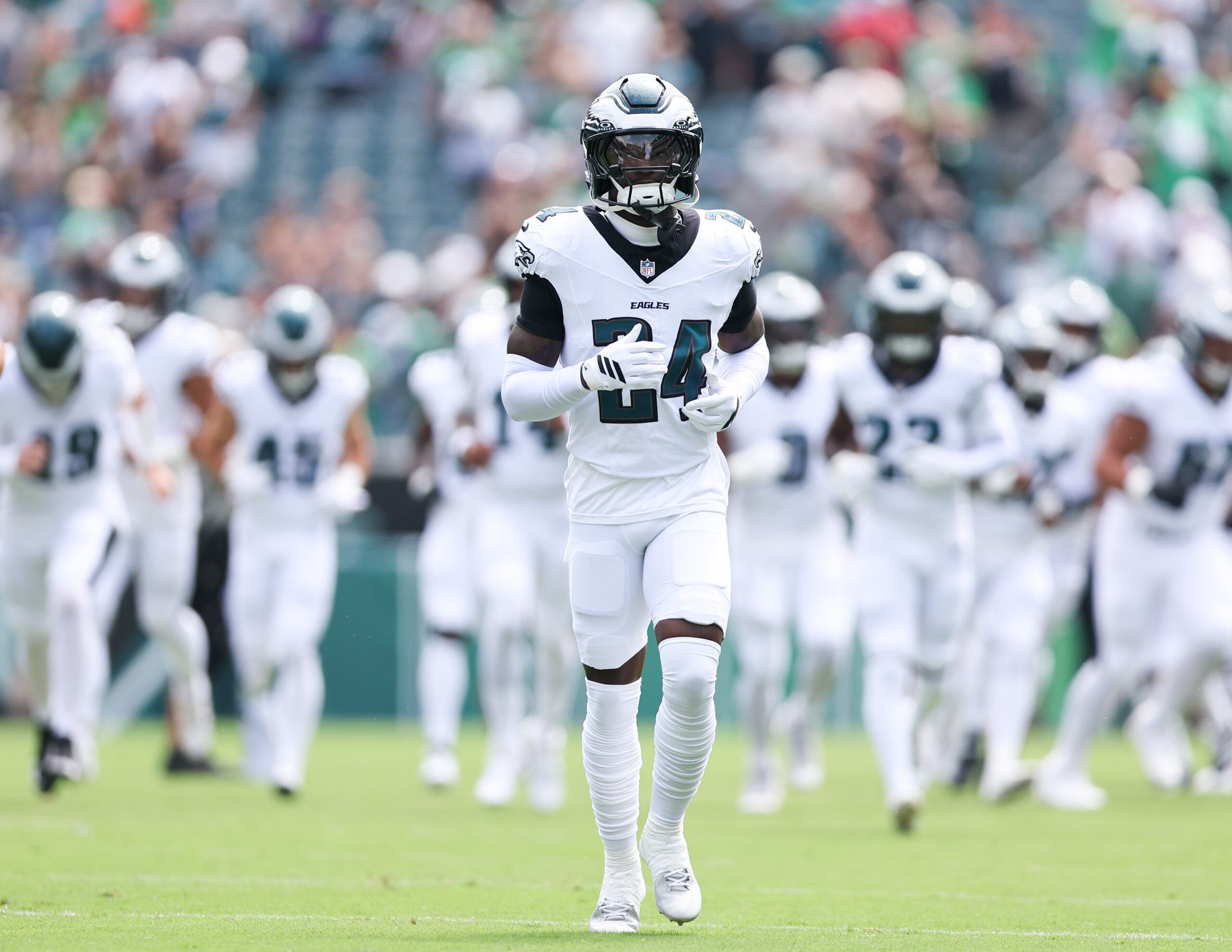 Aug 16, 2025; Philadelphia, Pennsylvania, USA; Philadelphia Eagles safety Andrew Mukuba (24) in a game against the Cleveland Browns at Lincoln Financial Field.