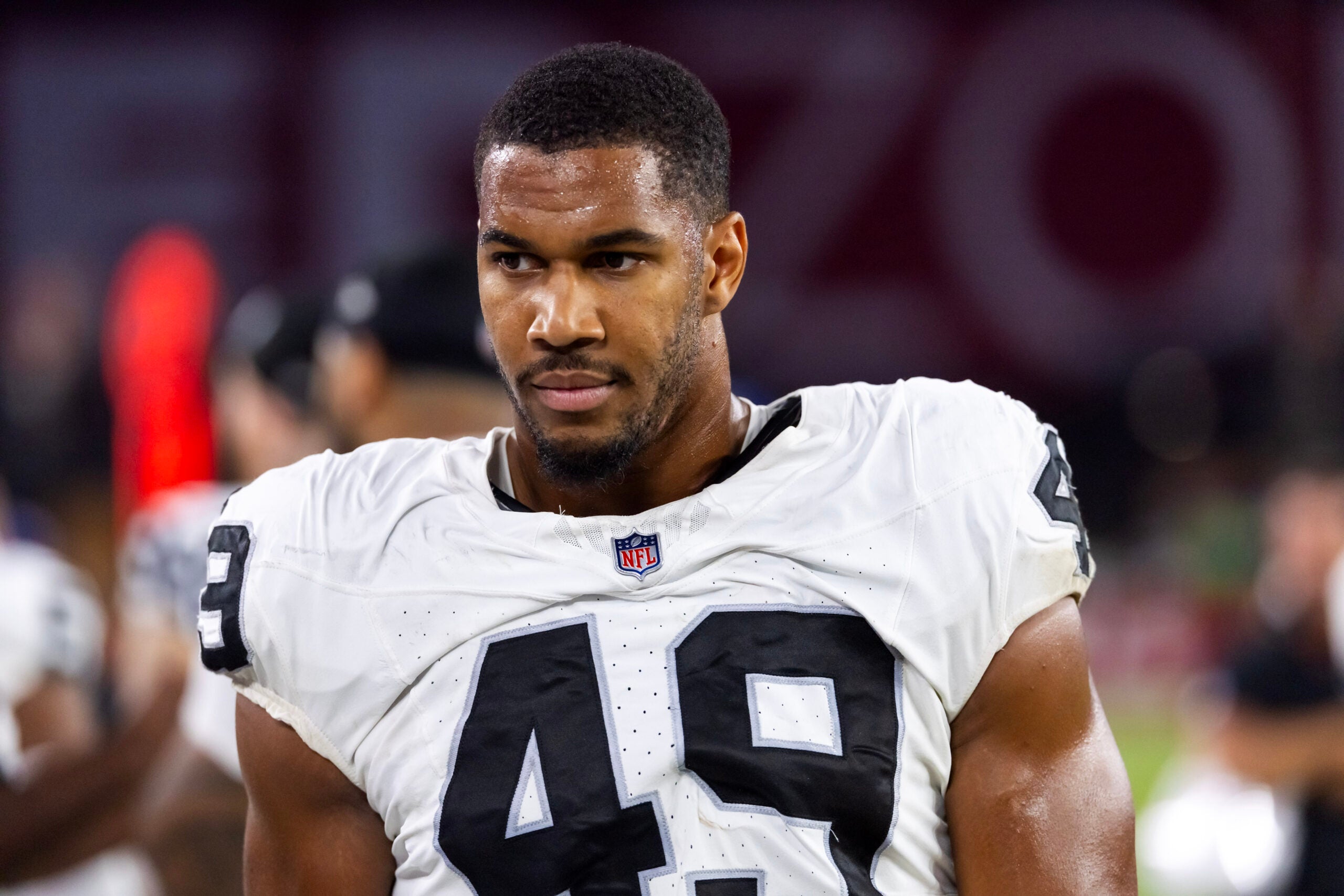 Aug 23, 2025; Glendale, Arizona, USA; Las Vegas Raiders defensive end Charles Snowden (49) against the Arizona Cardinals during a preseason NFL game at State Farm Stadium.