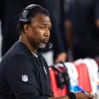 Aug 23, 2025; Glendale, Arizona, USA; Las Vegas Raiders defensive coordinator Patrick Graham against the Arizona Cardinals during a preseason NFL game at State Farm Stadium.