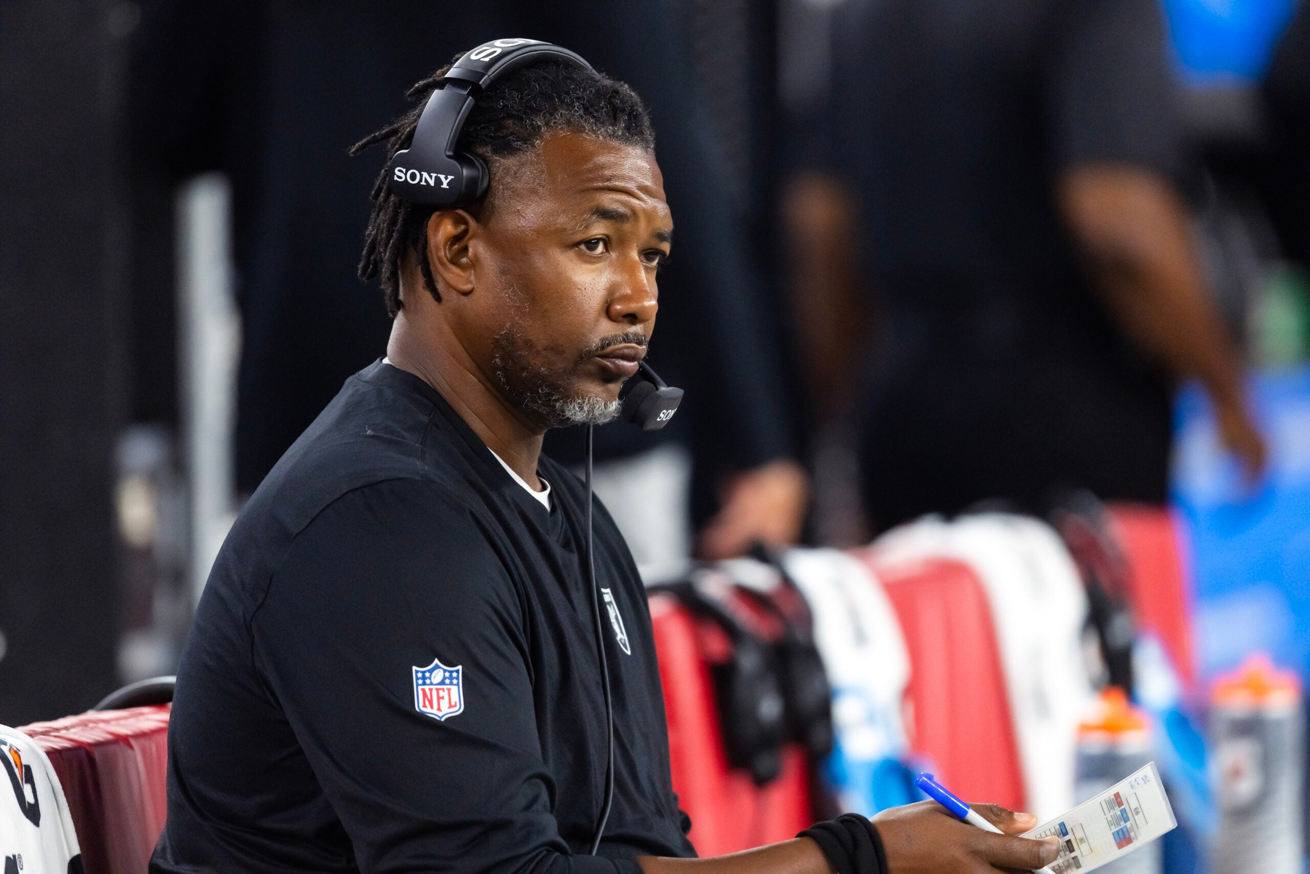 Aug 23, 2025; Glendale, Arizona, USA; Las Vegas Raiders defensive coordinator Patrick Graham against the Arizona Cardinals during a preseason NFL game at State Farm Stadium.