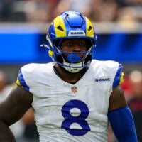 Sep 7, 2025; Inglewood, California, USA; Los Angeles Rams linebacker Jared Verse (8) wearing the NFL gold shield patch during the third quarter at SoFi Stadium.