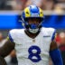 Sep 7, 2025; Inglewood, California, USA; Los Angeles Rams linebacker Jared Verse (8) wearing the NFL gold shield patch during the third quarter at SoFi Stadium.