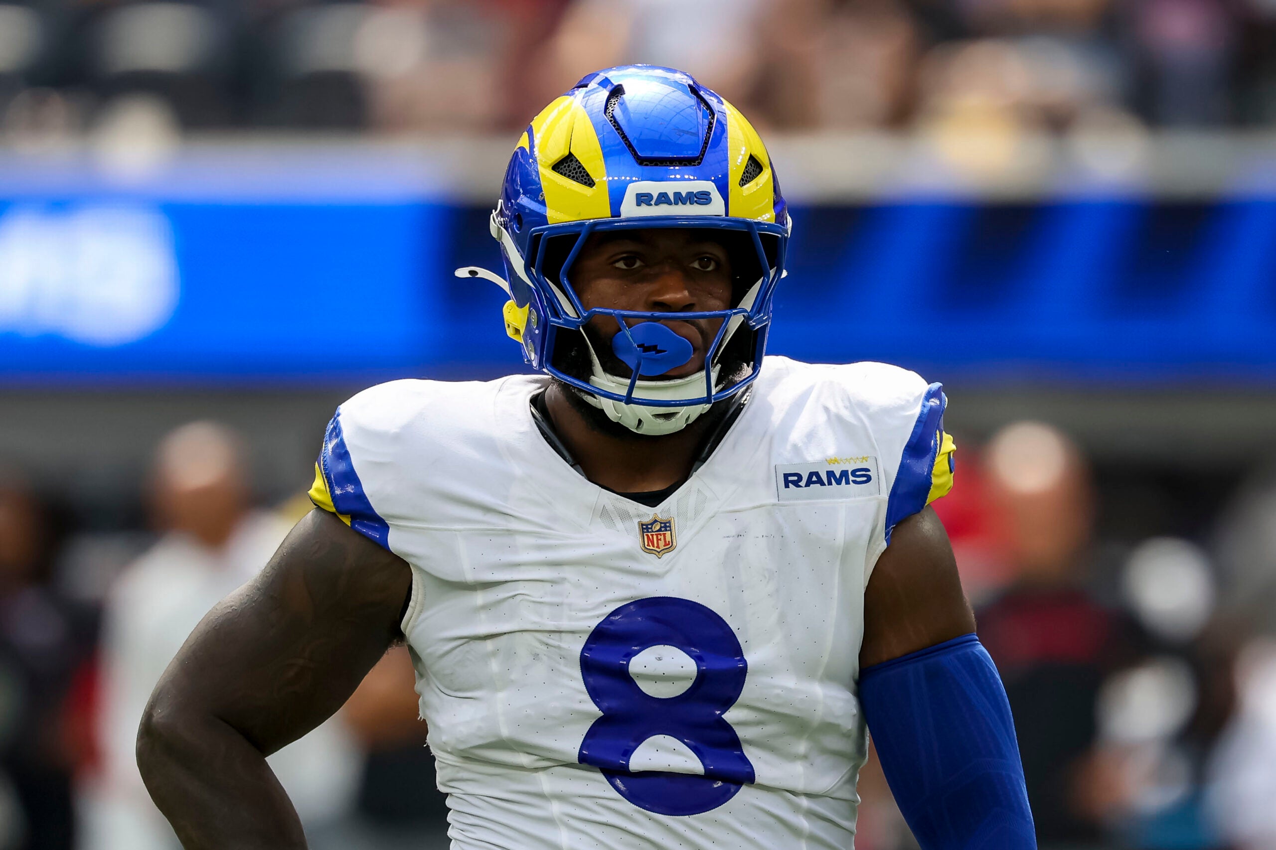Sep 7, 2025; Inglewood, California, USA; Los Angeles Rams linebacker Jared Verse (8) wearing the NFL gold shield patch during the third quarter at SoFi Stadium.