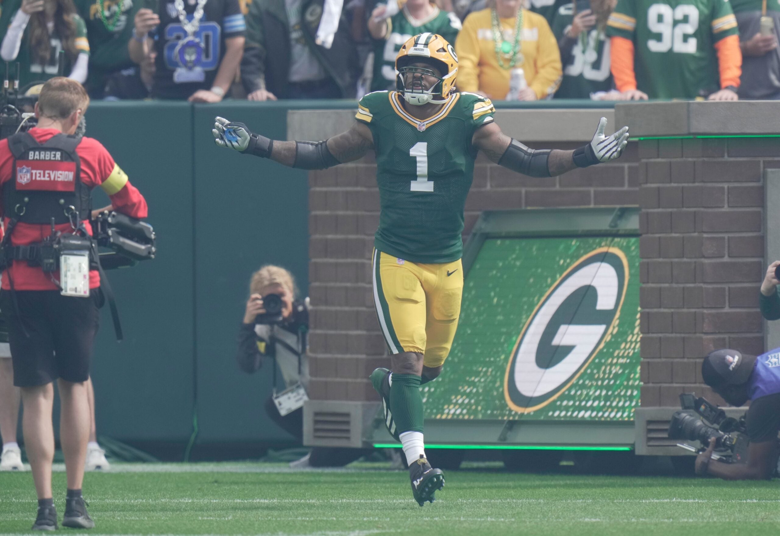 Green Bay Packers defensive end Micah Parsons (1) is introduced before their game against the Detroit Lions Sunday, September 7, 2025 at Lambeau Field in Green Bay, Wisconsin.